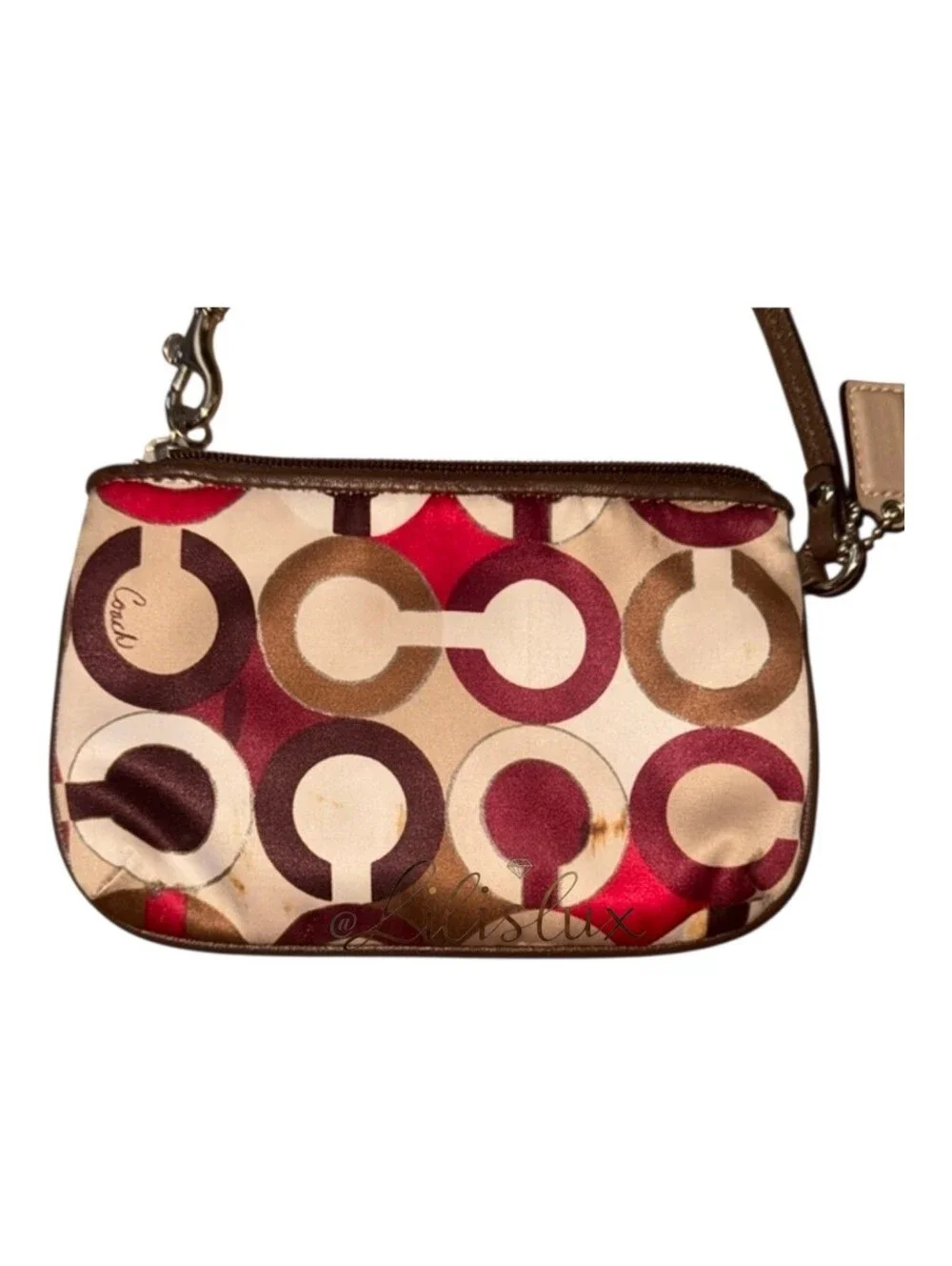 Coach Brown and Red OP Art Signature Satin And Leather Wristlet Vintage Y2K